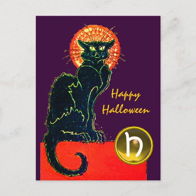 POSTAL DE INVITACIÓN MONOGRAMA DEL PARTIDO GATO HALLOWEEN NEGRO (Anverso)
