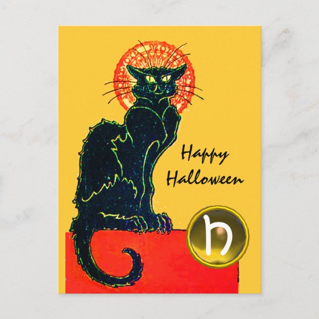 POSTAL DE INVITACIÓN MONOGRAMA DEL PARTIDO GATO HALLOWEEN NEGRO (Anverso)