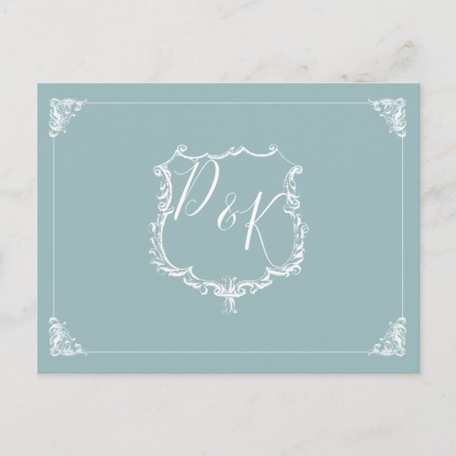 Postal De Invitación Monograma Escudo Dusty blue Wedding Rsvp Postcard (Anverso)