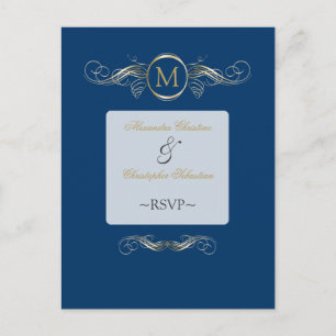 Postal De Invitación Monograma Golden Swirls Elegant Blue RSVP