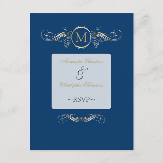 Postal De Invitación Monograma Golden Swirls Elegant Blue RSVP (Anverso)