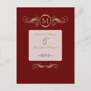 Postal De Invitación Monograma Golden Swirls Elegant Red RSVP