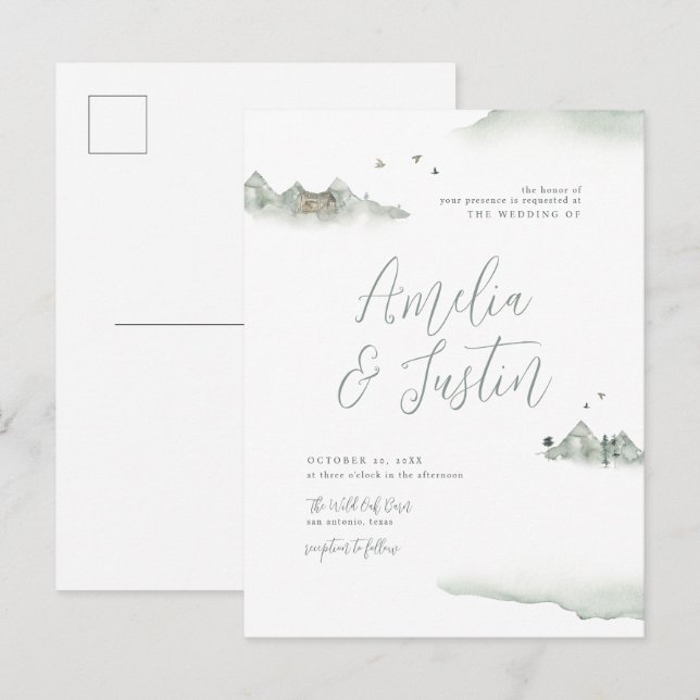 Postal De Invitación Montañas acuarelas Boda de destino al aire libre (Anverso / Reverso)