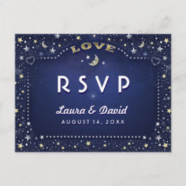 Postal De Invitación Moon & Stars Navy Blue Gold White Mating RSVP