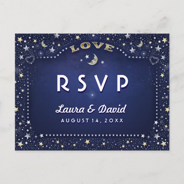 Postal De Invitación Moon & Stars Navy Blue Gold White Mating RSVP (Anverso)