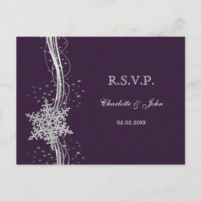 Postal De Invitación Morado Silver Snowflakes Wind Wedding RSVP (Anverso)