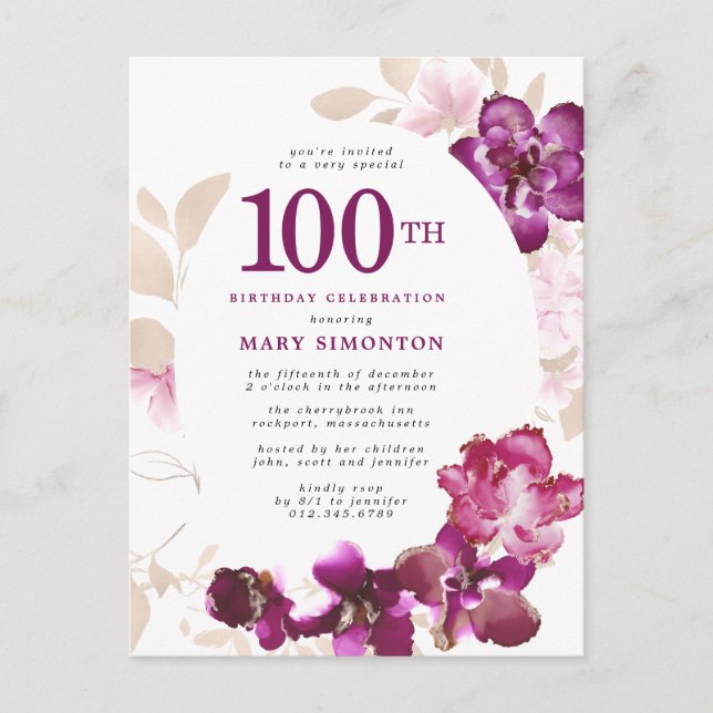 Postal De Invitación Morple Pink Floral 100 cumpleaños (Anverso)