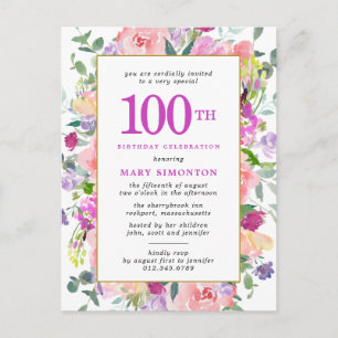 Postal De Invitación Morple Pink Floral 100 cumpleaños