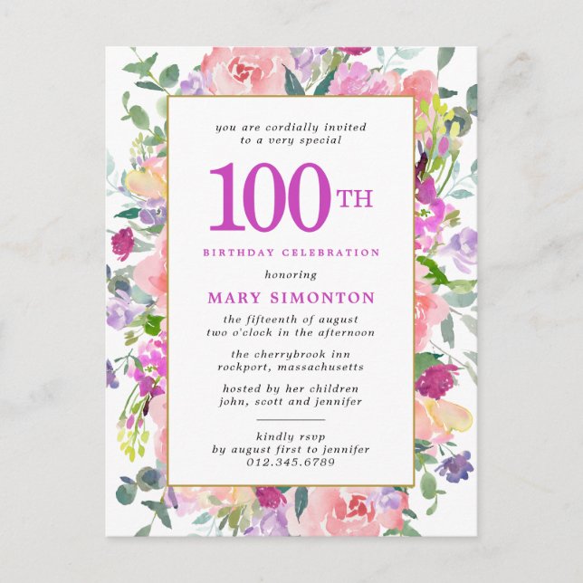 Postal De Invitación Morple Pink Floral 100 cumpleaños (Anverso)
