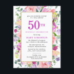 Postal De Invitación Morple Pink Floral 50 cumpleaños<br><div class="desc">Hermosas flores combinadas de color rosa, púrpura y crema amarilla. La celebración del cumpleaños y el nombre del celebrante también son morados. Las hojas verdes brillantes añaden un ambiente botánico moderno. Esta invitación forma parte de la colección Festive Floral 50th Birthday. Contiene plantillas fáciles de usar para crear invitaciones a...</div>