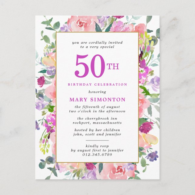 Postal De Invitación Morple Pink Floral 50 cumpleaños (Anverso)