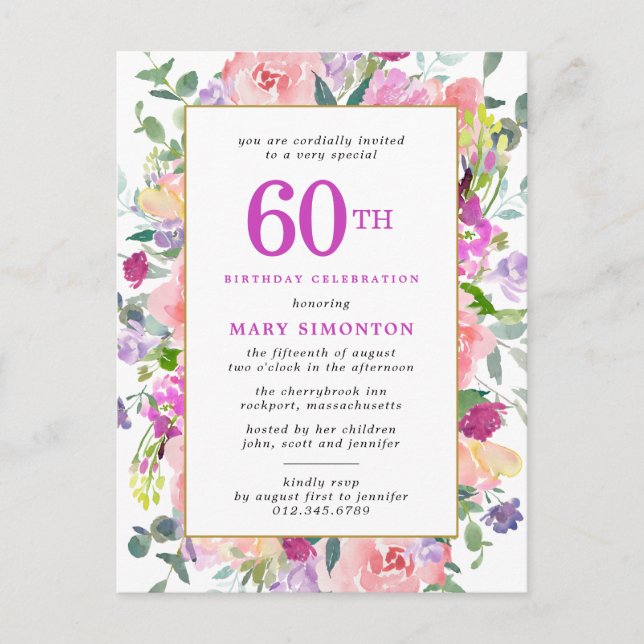 Postal De Invitación Morple Pink Floral 60 cumpleaños (Anverso)