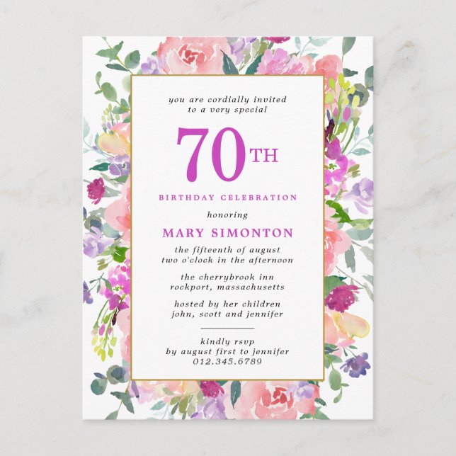 Postal De Invitación Morple Pink Floral 70 cumpleaños (Anverso)