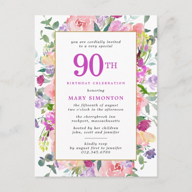 Postal De Invitación Morple Pink Floral 90 cumpleaños (Anverso)