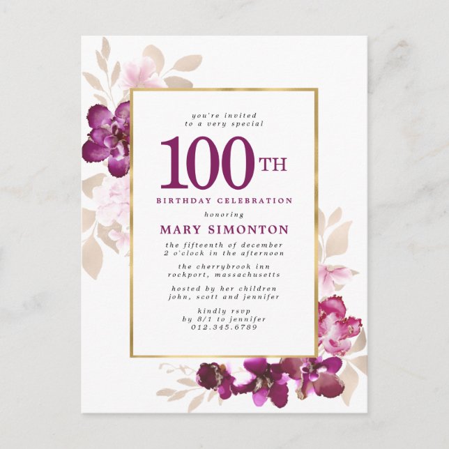 Postal De Invitación Morple Pink Gold Floral 100 cumpleaños (Anverso)