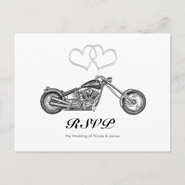 Postal De Invitación Motocicleta y Silver Hearts Boda en Biker RSVP (Anverso)