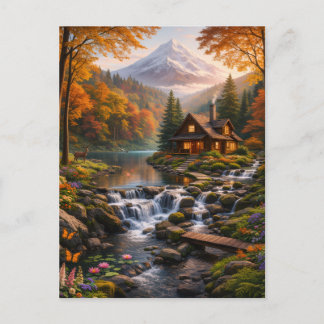 Postal De Invitación Mountain Cabin in Autumn Glow Serene Nature 