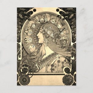Postal De Invitación Mujer mucha Art Nouveau vintage zodiac La Pluma