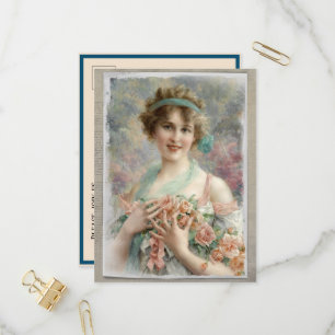 Postal De Invitación Mujer victoriana con Rosas sobre fondo acuático