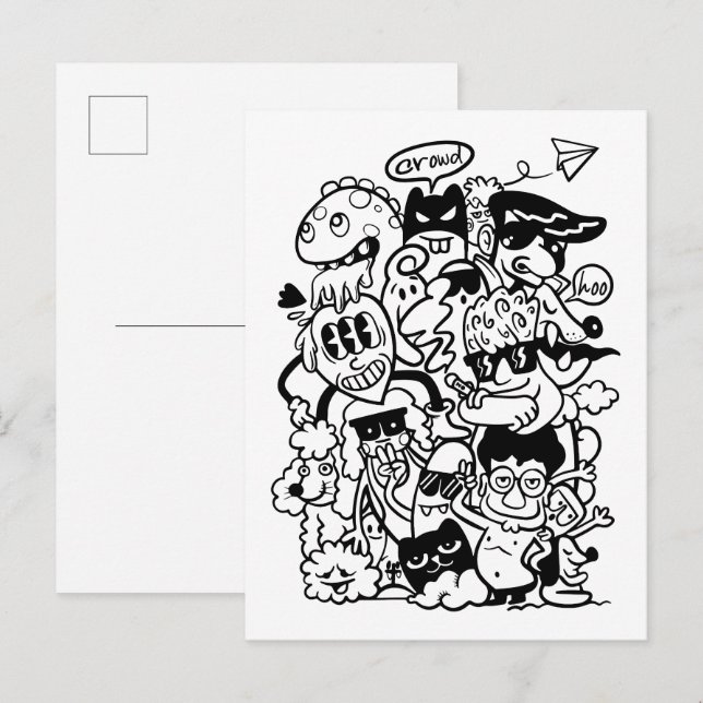 Postal De Invitación Multitud de personajes de caricatura quirky (Anverso / Reverso)