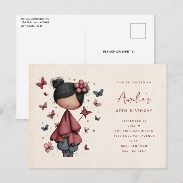 Postal De Invitación Muñeca Hada Caprichosa Cumpleaños Retro Lindo (Anverso / Reverso)