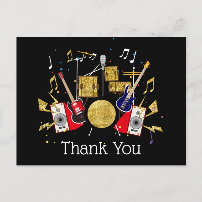 Postal De Invitación música fiesta guitarra batería set musical carta d (Anverso)