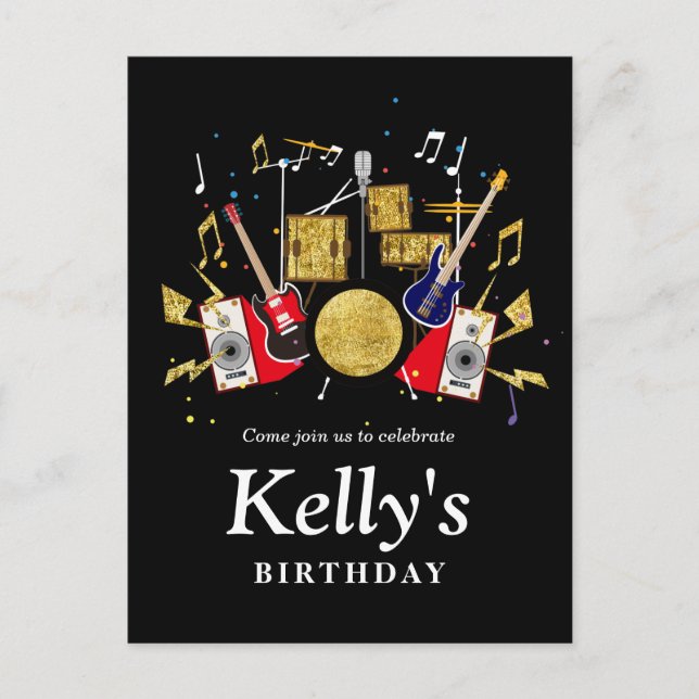 Postal De Invitación música fiesta guitarra drum set musical (Anverso)