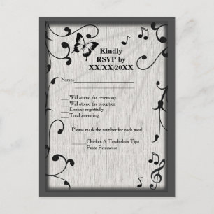 Postal De Invitación Música Mariposa Hojas Madera Gris y Negra Boda