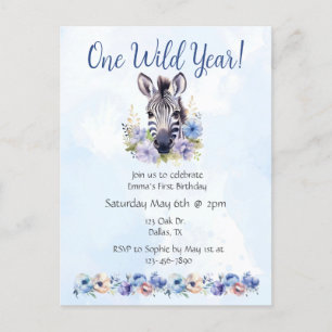 Postal De Invitación Nacimiento de cebra floral azul