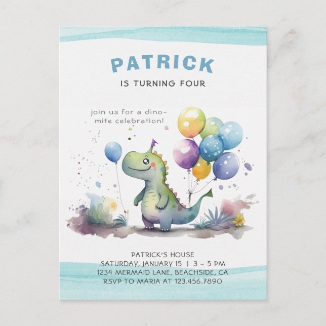 Postal De Invitación Nacimiento de la acuarela del niño de los dinosaur (Anverso)