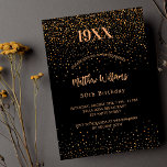 Postal De Invitación Nacimiento del año del confetti de oro negro de cu<br><div class="desc">Moderna,  elegante e invitada. Un fondo negro decorado con un confetti dorado. Personalice y añada año de nacimiento,  nombre y detalles.</div>