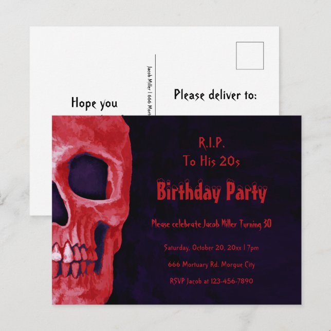 Postal De Invitación Nacimiento del Cráneo Gótico Red Black RIP Para su (Anverso / Reverso)