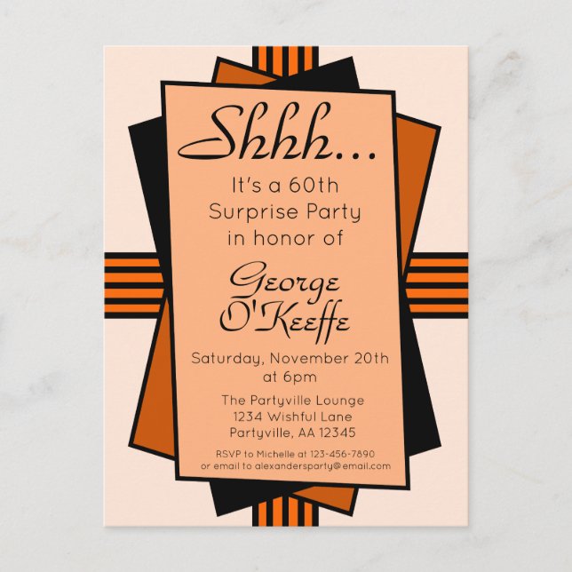 Postal De Invitación Naranja Art Deco 60 Fiesta sorpresa Cumpleaños (Anverso)