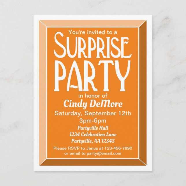 Postal De Invitación Naranja Art Deco Bevled Birthday Surprise Fiesta (Anverso)