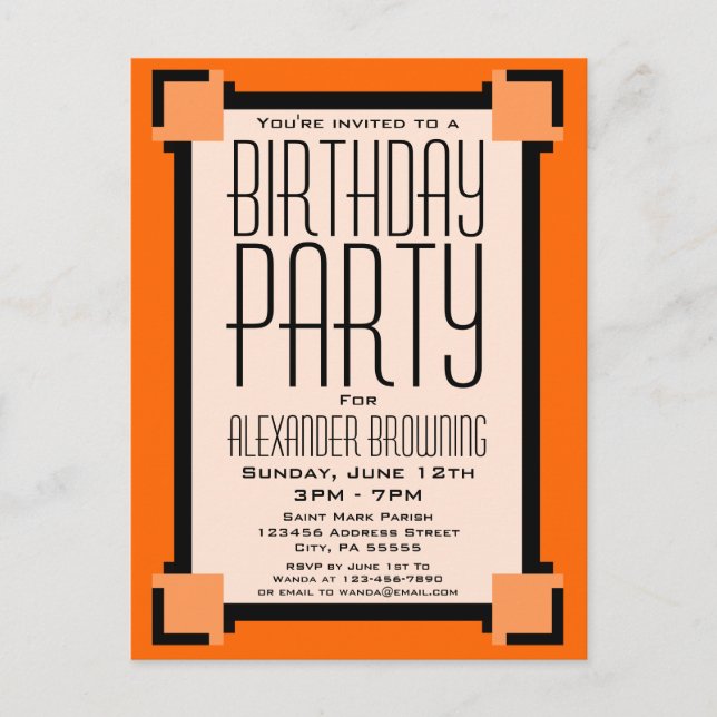 Postal De Invitación Naranja Art Deco Fiesta de Cumpleaños Invitar post (Anverso)