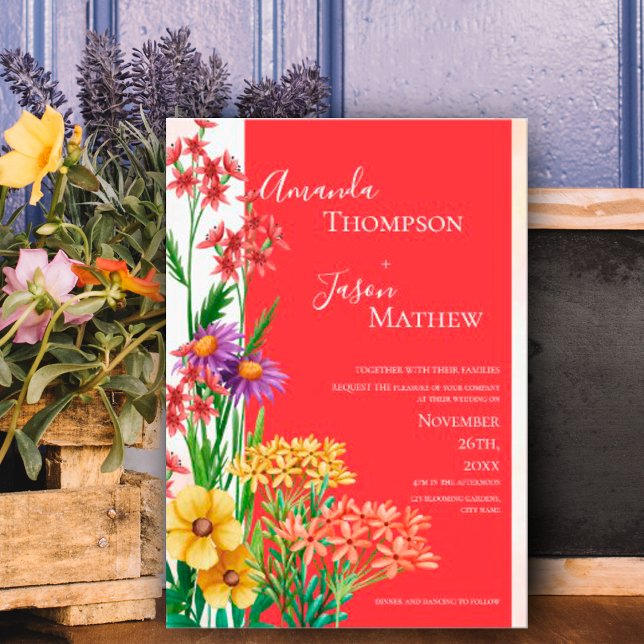 Postal De Invitación Naranja brillante Boda Purple Yellow Wildflowers (Bright Orange Purple Yellow Wildflowers Wedding Invitation Postcard)