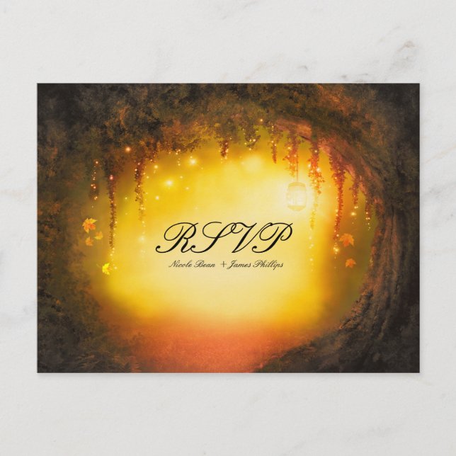 Postal De Invitación Naranja Cae matrimonio forestal encantado RSVP (Anverso)