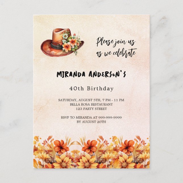 Postal De Invitación Naranja de cumpleaños flores boho cowgirl gorra (Anverso)