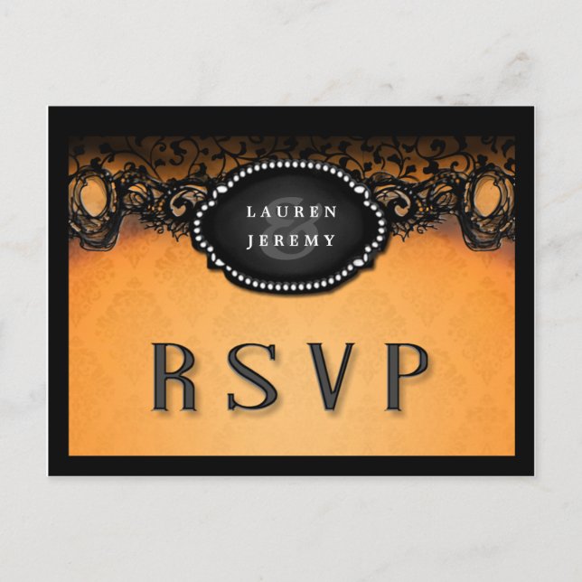 Postal De Invitación Naranja de Halloween y RSVP con elegancia negra (Anverso)