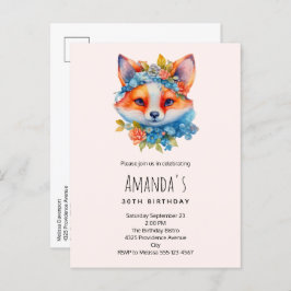 Postal De Invitación Naranja lindo Fox con cumpleaños de corona floral