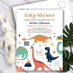 Postal De Invitación Naranja lindo Green Baby Dinosaur Boy Baby Shower