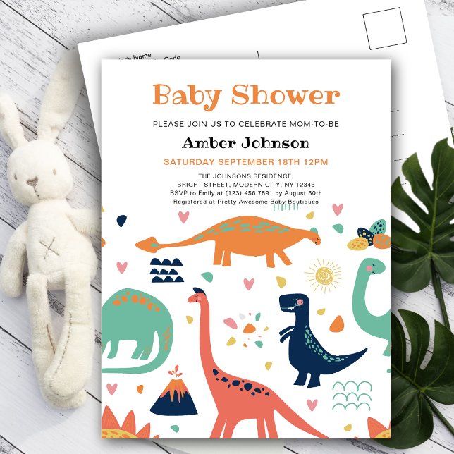 Postal De Invitación Naranja lindo Green Baby Dinosaur Boy Baby Shower (Subido por el creador)