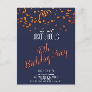 Postal De Invitación Naranja Purpurina de oro Confetti Black 50 cumplea