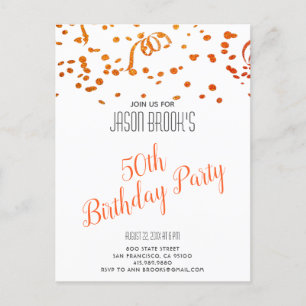 Postal De Invitación Naranja Purpurina de Oro Confetti White 50 cumplea