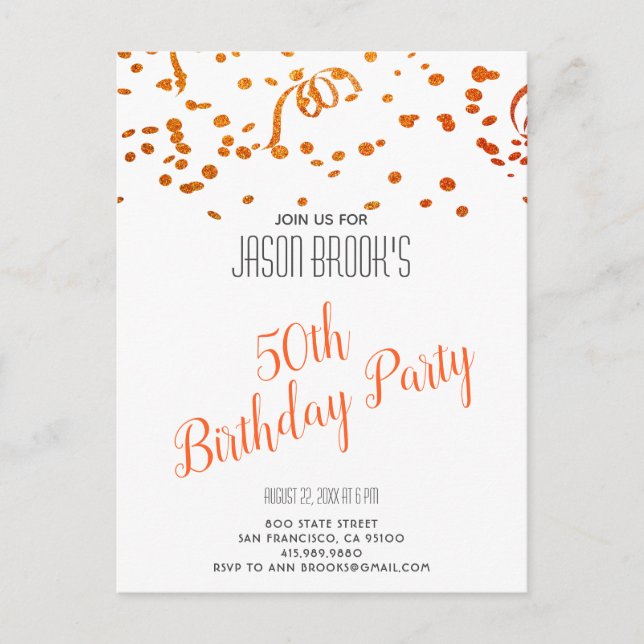 Postal De Invitación Naranja Purpurina de Oro Confetti White 50 cumplea (Anverso)