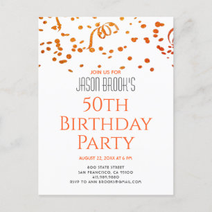 Postal De Invitación Naranja Purpurina de Oro Confetti White 50 cumplea