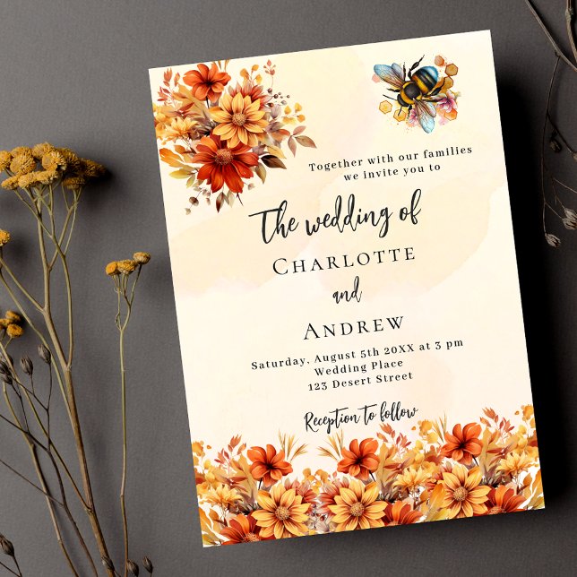 Postal De Invitación naranja quemado boda otoño florals abeja (Subido por el creador)