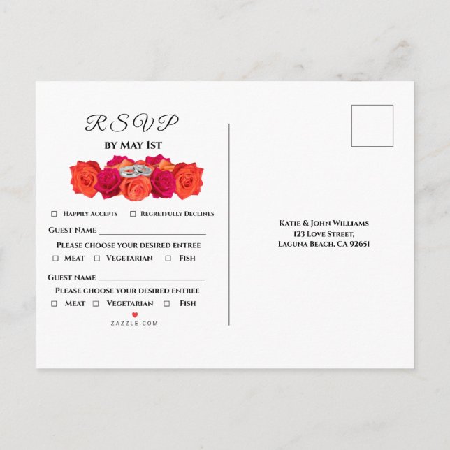Postal De Invitación Naranja y flores y brillantez rosadas- RSVP- (Reverso)