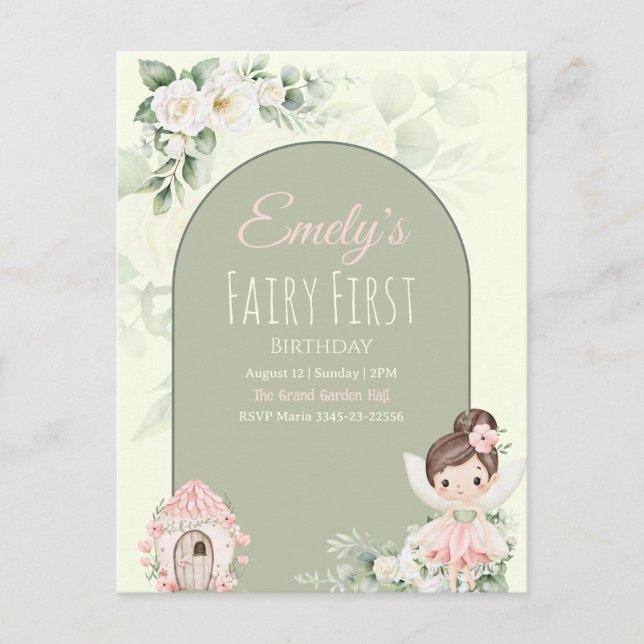 Postal De Invitación Nature Cute Flower Fairy 1st Birthday Invitation (Anverso)