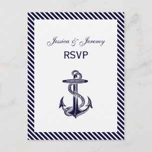 Postal De Invitación Nautical Anchor Naval Diag Stripe 2 RSVP 1